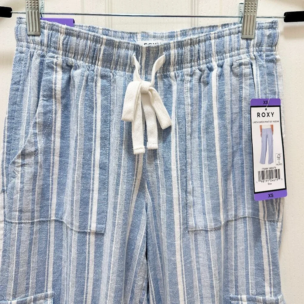 Roxy Women's Linen Blend Cargo Pant Size XS Blue Cottagecore Coastal Boho (NEW)